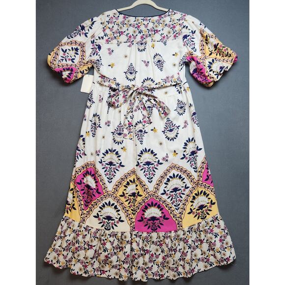Fig & Flower Printed V-Neck Puff Sleeve Midi Dress Size Medium Linen Blend‎ - Picture 6 of 9
